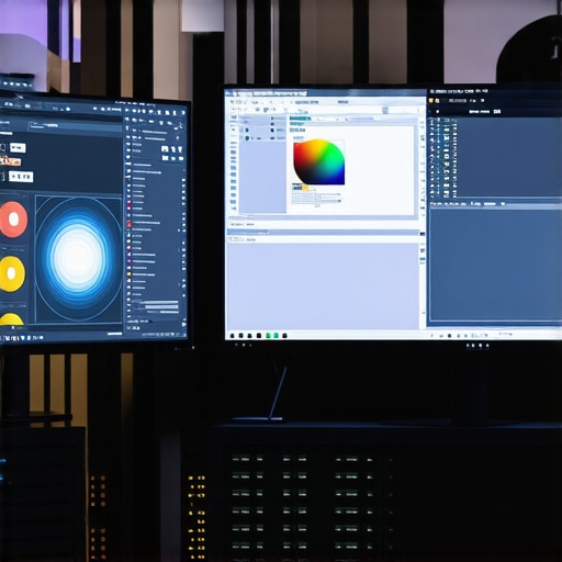 A modern workspace with dual 144Hz IPS monitors showing creative editing software.