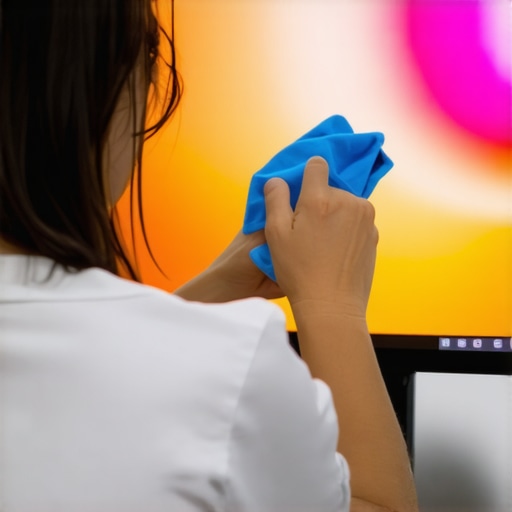 Person cleaning monitor with microfiber cloth to maintain display quality.