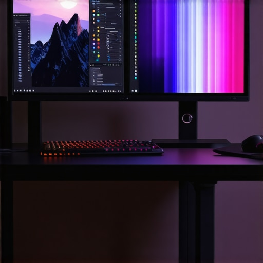 A dual monitor setup with high refresh rate displays, ergonomic desk, vibrant colors, and gaming accessories.