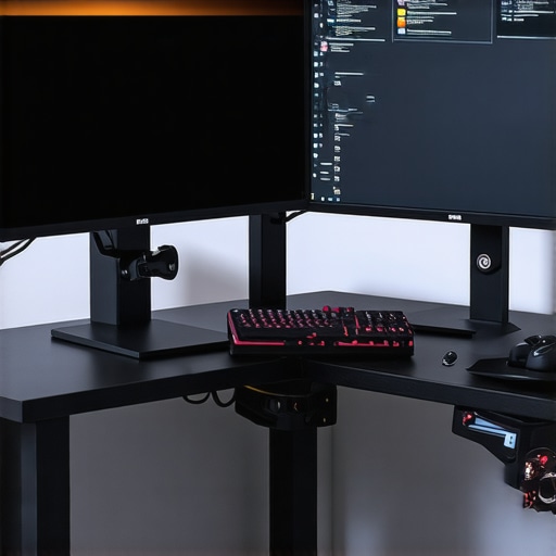 A sleek dual-monitor setup with adjustable arms and ergonomic workspace