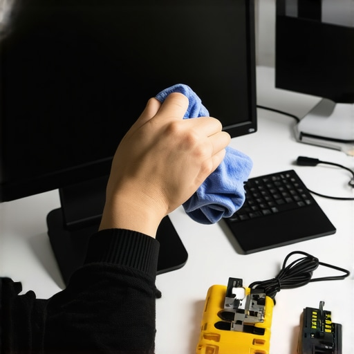 Person cleaning monitor with calibration tools and cables in workspace.