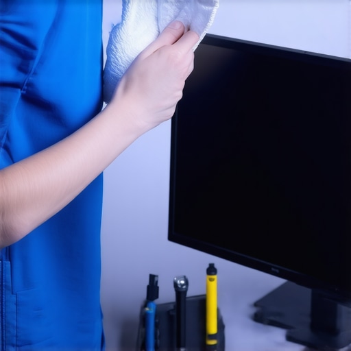 Person cleaning and calibrating a computer monitor with specialized tools.