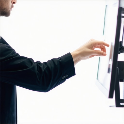 Person positioning an adjustable monitor on desk for optimal eye comfort