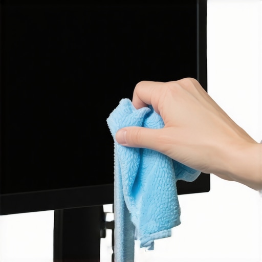 Person using microfiber cloth to clean a gaming monitor for optimal performance.