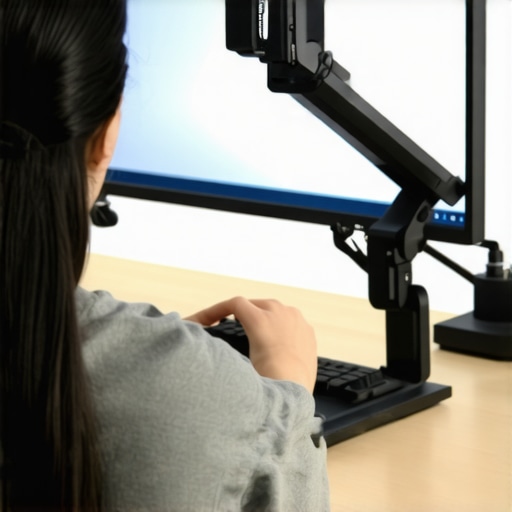 Person adjusting monitor on an ergonomic arm to optimize viewing angle