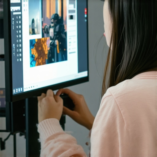 Person adjusting ergonomic monitor on a desk with vibrant IPS display and gaming accessories
