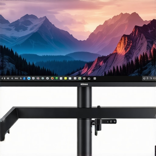 A sleek home office with an ultra-wide IPS monitor mounted on an adjustable arm, promoting comfort and visual clarity.