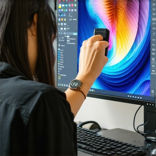 A technician using a colorimeter to calibrate an IPS monitor for optimal color accuracy