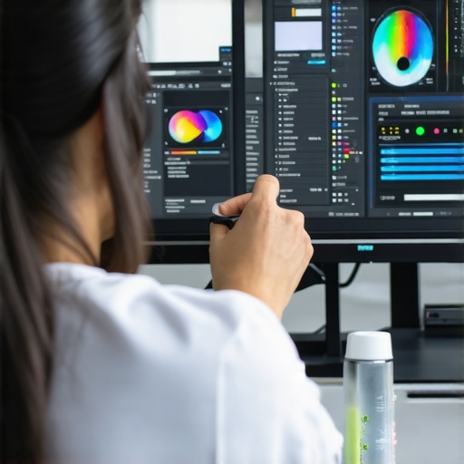 Person calibrating an IPS monitor with calibration tools and software.