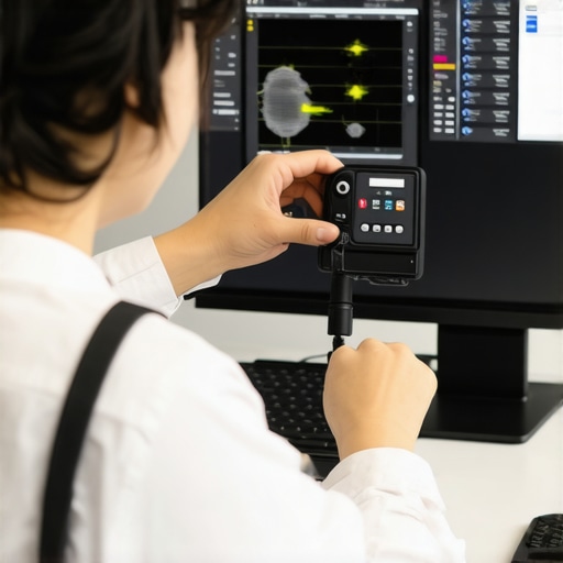 Person calibrating IPS monitor with a hardware device to ensure color accuracy and performance.