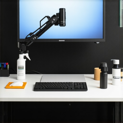 An ergonomic workspace with calibration tools and monitor cleaning supplies for maintaining peak visual performance.