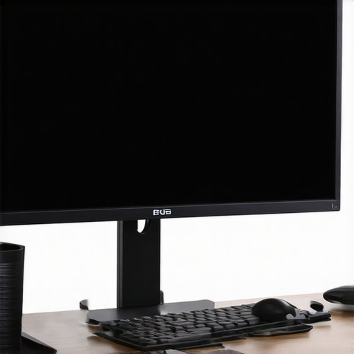 A clean, organized desk featuring a large high-resolution monitor on an adjustable arm, promoting comfort and productivity.