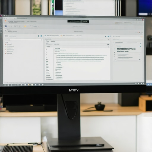 A contemporary office setup featuring a large curved IPS monitor, showing vibrant colors and clear text, enhancing productivity.