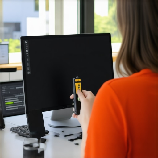 Person adjusting monitor settings using color calibration device